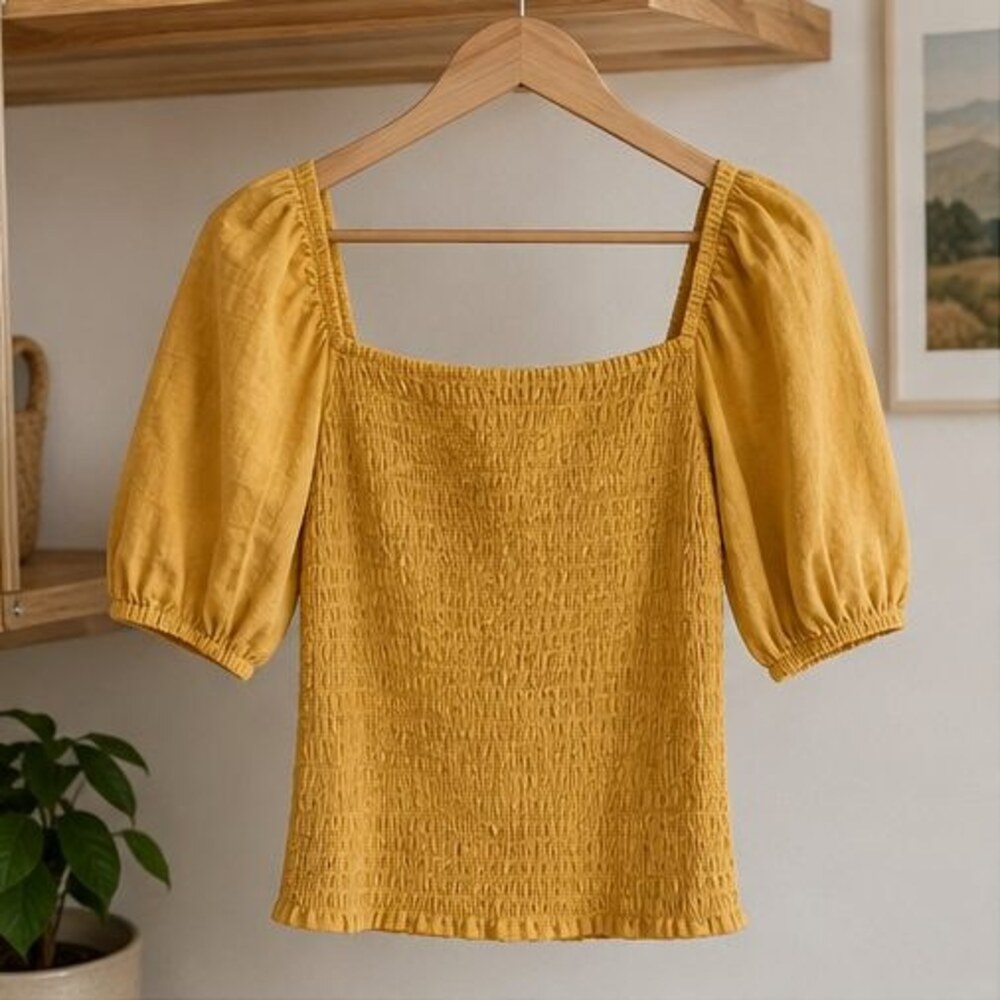 Mustard Smocked Puff Sleeve Top